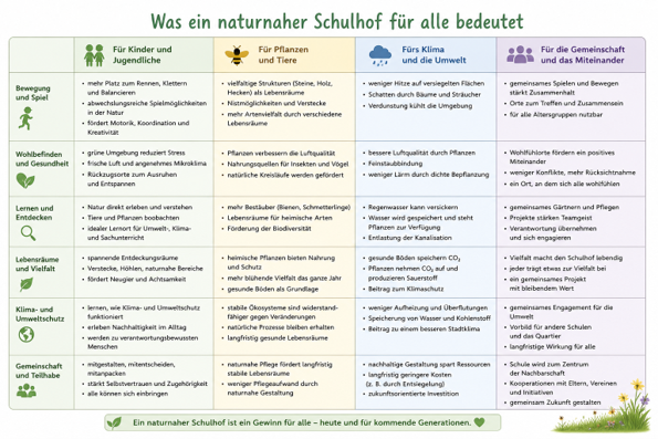 Die Matrix zeigt sechs Wirkungsfelder eines naturnahen Schulhofs: Bewegung und Spiel, Wohlbefinden und Gesundheit, Lernen und Entdecken, Lebensräume und Vielfalt, Klima- und Umweltschutz sowie Gemeinschaft und Teilhabe. Für Kinder entstehen vielfältige Bewegungs-, Rückzugs- und Lernmöglichkeiten. Pflanzen und Tiere profitieren von Nahrung, Nistplätzen und unterschiedlichen Lebensräumen. Begrünung, gesunde Böden und entsiegelte Flächen unterstützen Kühlung, Wasserrückhalt und Klimaschutz. Gemeinsames Planen, Gärtnern und Pflegen stärkt Zusammenhalt, Verantwortung und die Verbindung der Schule mit ihrem Quartier.