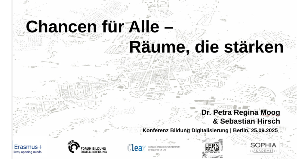 Übersichtsfolie "Chancen für alle - Räume, die stärken", präsentiert von Dr. Petra Regina Moog und Sebastian Hirsch